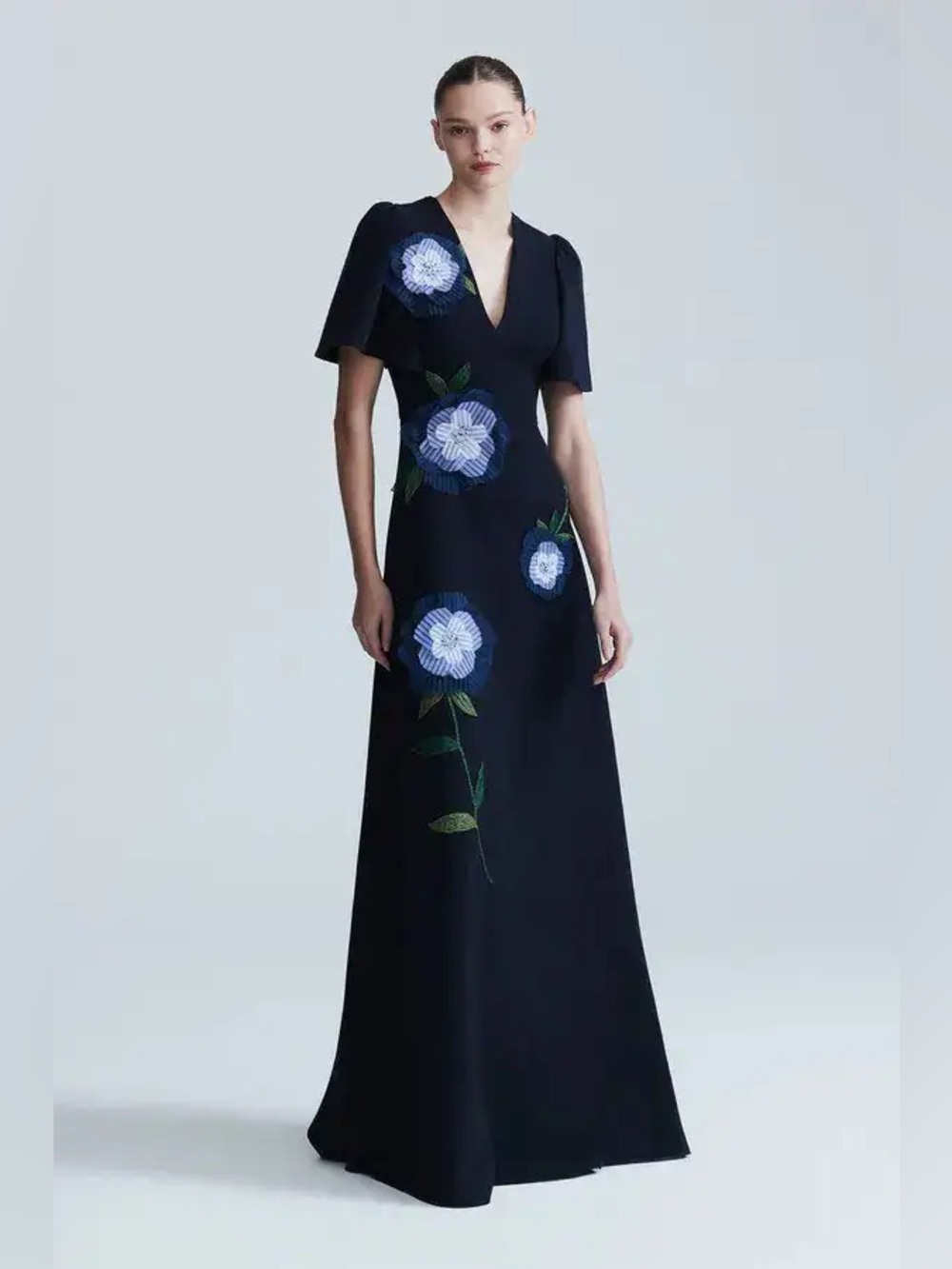 Lela Rose New 3D Flower Embroidered Fluid Crepe Flutter Sleeve Gown 8 $3,490.00